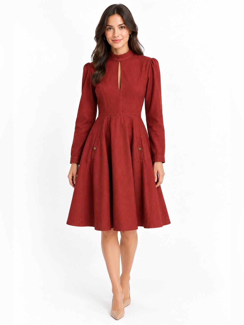 Anthropology Rust Corduroy Fit&Flare Dress Mock Neck Zipper Cuffs Size 6